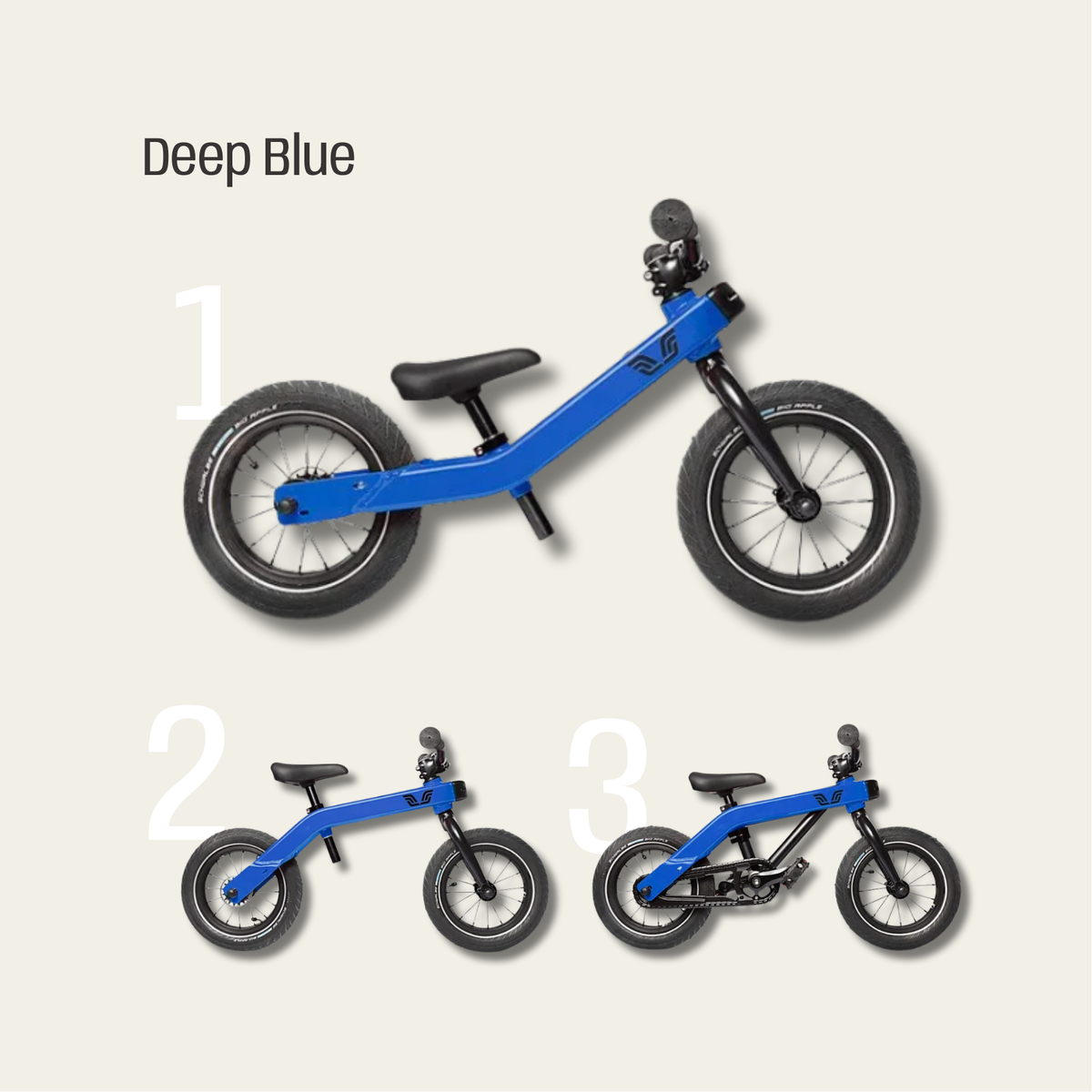 Blue balance bikes on a light gray background 
