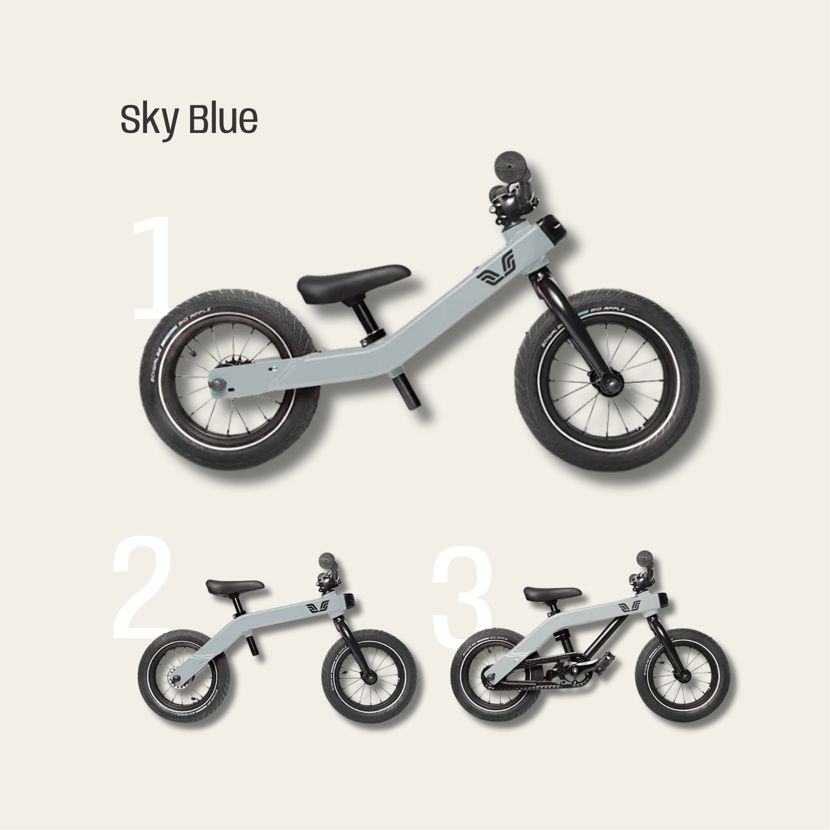 Three stages of TokTok bikes in sky blue on a light gray background