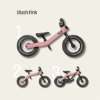 Pink balance bike with three variations labeled 1, 2, and 3 on a light gray background.
