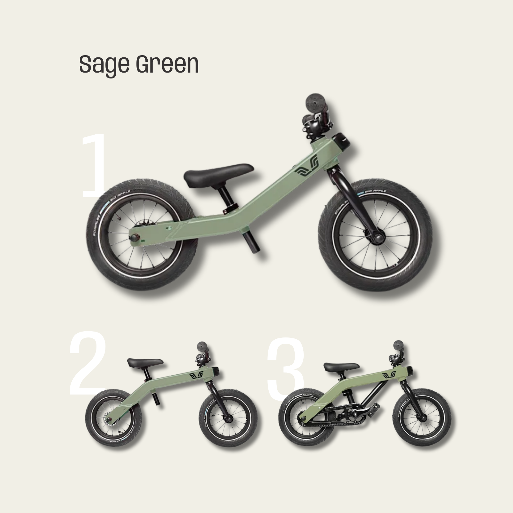Three stage sage green toktok bike on a light beige background